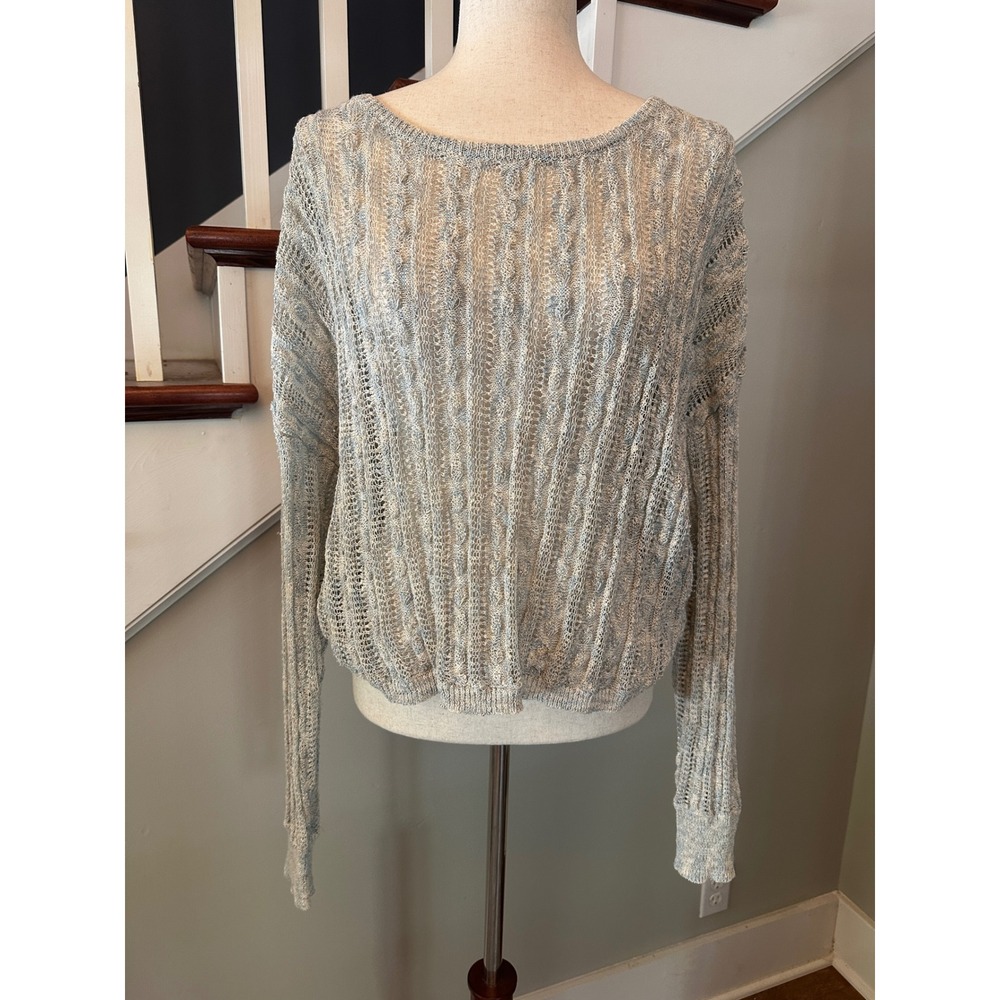 Natural Life Linen Blend Sweater XL Blue Gray Marl Metallic Cable Knit Coastal - Picture 2 of 11